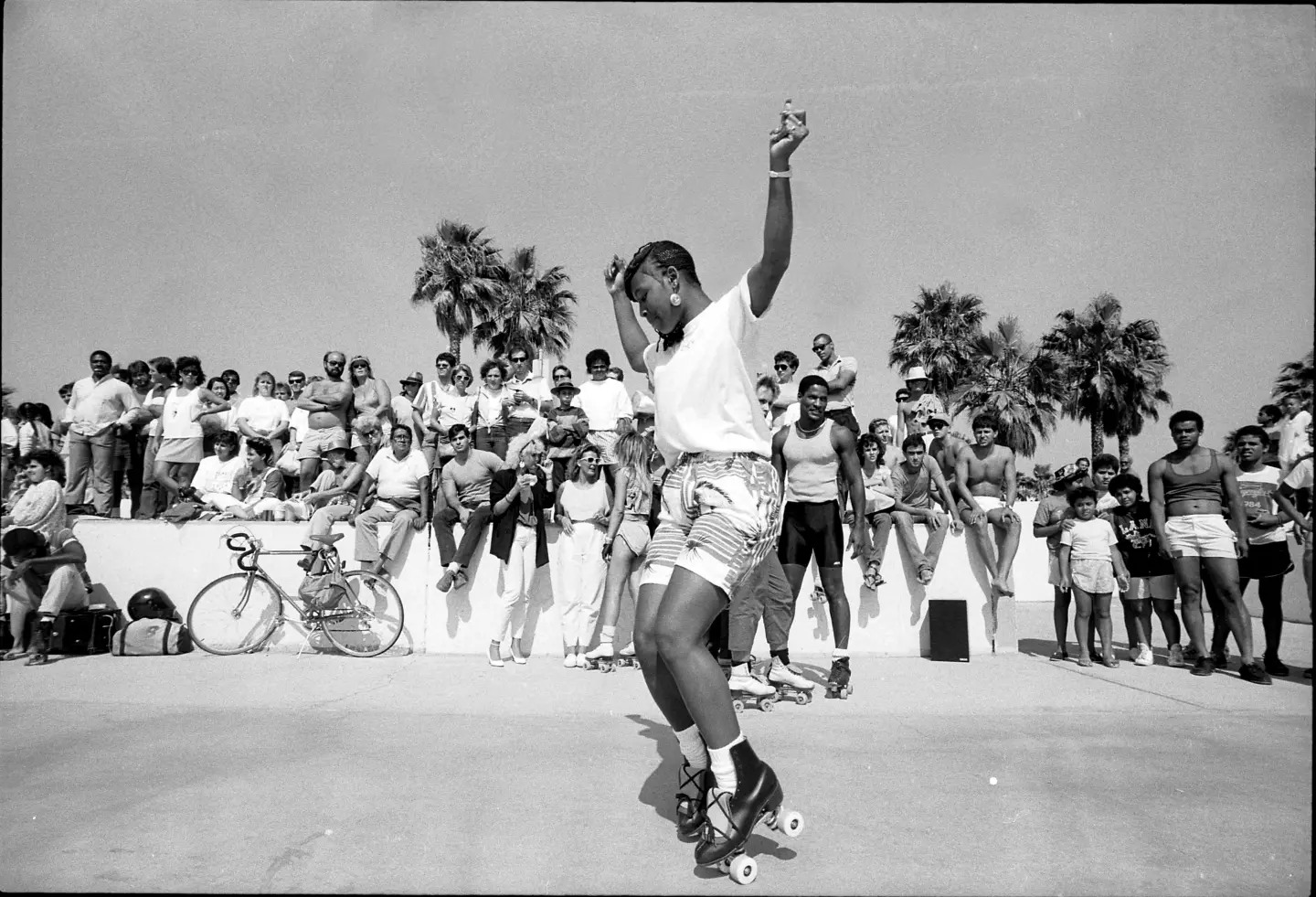 Roller skaters gathered on the rink floor