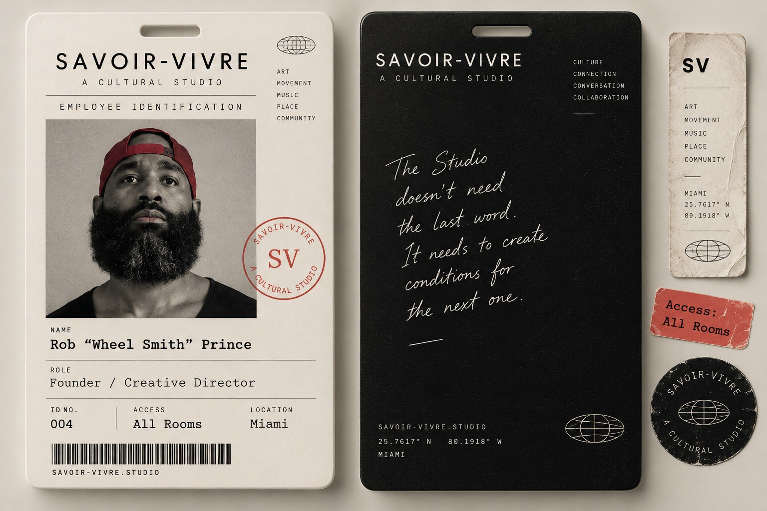 Savoir-Vivre Employee Identification artwork for Rob ‘Wheel Smith’ Prince, employee 004, front and reverse